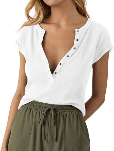 Womens Henley Shirts Short Sleeve Deep V Neck Low Cut Tops Casual Ribbed Knit T-Shirts Summer White