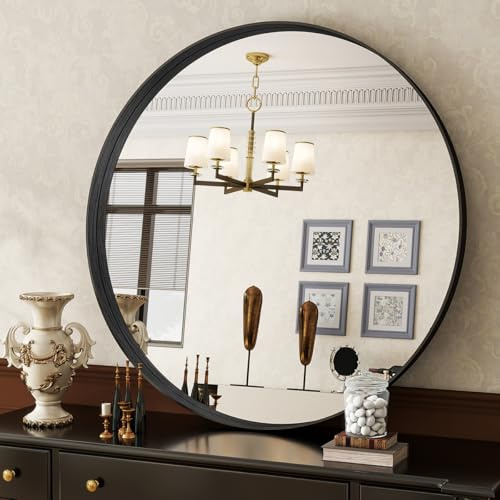 Koonmi Specchio di lusso, rotondo, 81 cm, cornice profonda nera, specchio da parete, per bagno, soggiorno, decorazione ingresso