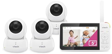 VTech Video Baby Monitor with 3 Cameras, 5 LCD Screen, Up to 17Hrs Video & 31Hrs Audio Battery Life, Night Vision, 1000ft Range, Pan-Tilt-Zoom, Lullabies, Soothing Sounds, Temperature Sensor, VM924-3