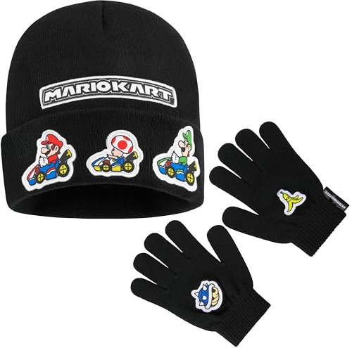 Super Mario Winter Accessories Set for Boys & Teens 6-14 Yrs, 2 Pcs Gloves & Winter Hat or 3 Pcs Hat Scarf Gloves, Boys Gift (6-14 Years, Black, 2 Pcs)