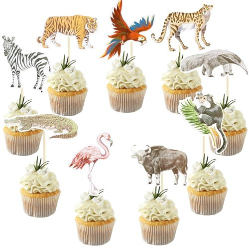 Cupcake Topper Tiere, 27pcs Jungle Animal Cupcake Toppers, Cake Decoration Jungle Animals, Tiere Muffin Dekorationen, Tortendeko Tiere, Cupcake Topper Waldtiere, Muffin Deko Waldtiere