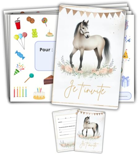 roxisha Cartes d'Invitation Anniversaire Cheval, Lot de 10 | 10 Cartes Préremplies en Français avec Enveloppes, Format 10,4 x 14,8 cm, pour Filles et Ados, Idéales pour Fêtes et Goûters