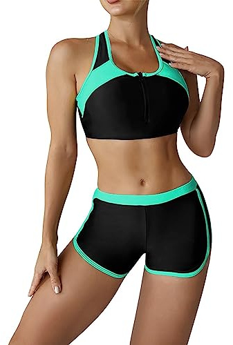 Générique Femme Bikini Deux Pièces Maillot de Bain Plongée Surf Zipper Débardeur Soutien Gorge de Natation Push Up Brassière avec Short de Plage Vacances