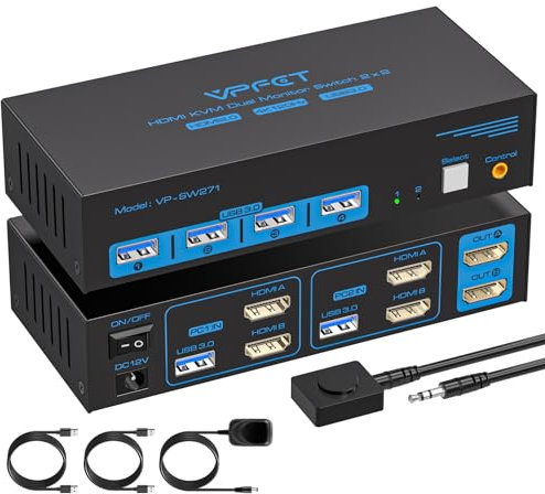 AILVLVNG 4K@120Hz HDMI KVM Switch 2 PC 2 Monitore 8K@60Hz USB 3.0 KVM Umschalter für 2 Computers teilen sich Dual Monitor und 4 USB Geräte wie Tastaturen, Mäuse mit Desktop Controller und USB Kabeln