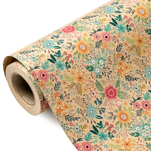 RUSPEPA Rouleau De Papier Cadeau Floral Kraft - Mini Rouleau - 43,2 Cm X 10 M - Motif Fleurs De Jardin Printanier Et Estival, Idéal Pour Mariage, Enterrement De Vie De Jeune Fille, Anniversaire