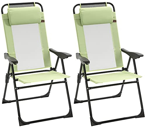 Havemies Folding Patio Chairs Set of 2, Outdoor Deck Chair with Adjustable Sling Back, Camping Chair with Removable Headrest for Garden, Backyard, Lawn (Green)