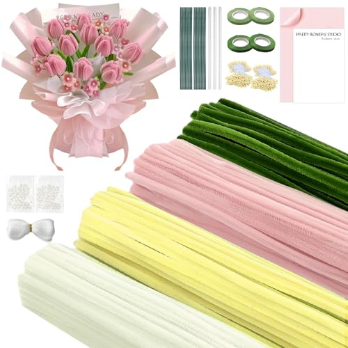 Pfeifenreiniger Blumen Set, 400 Stück Pfeifenputzer zum Basteln, Pfeifenreiniger zum Basteln Mit 20 Blumenstöcke, Klebebandrollen, Klebestifte, Blumenstraußverpackungen, Bänder, Staubgefäße(Rosa)