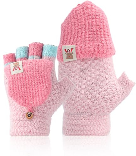 Mayoii Gants sans doigts pour enfants - Gants d'hiver chauds avec couverture à rabat, gants en laine polaire douce pour enfants de 5 à 15 ans, Rose, taille unique
