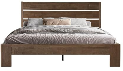 Queen Size Bed Frame with Headboard & Footboard, Solid Wood Platform Bed, Metal Legs, 12 Durable Slatted Structure, No Box Spring Needed, Anti-Slip & Noise-Free, Easy Assembly, Barnwood Finish QIQ-30