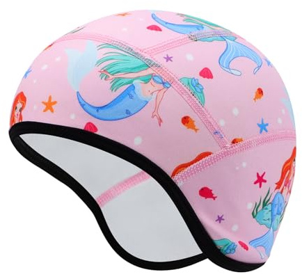 Risipu Berretto da casco per bambini, caldo, invernale, fodera per casco da ciclismo, sci, teschio, con protezione per le orecchie, berretto elastico per ragazzi e ragazze, Rosa - Sirena, Taglia unica