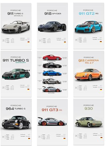 Komergave 9 piezas Auto Poster Supercar Car Poster Canvas Tela Arte de Pared Coche Deportivo Diseño para Decoración de Pared Cuadros Vintage en Aspecto Retro para Niños Hombres Amantes de los