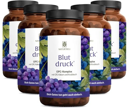 NATURTREU® Blutdruck - OPC Traubenkernextrakt hochdosiert 900mg Extrakt mit Q10, Kalium & schwarzem Knoblauch - Französische Trauben vegan - 450 Traubenkernextrakt OPC Kapseln hochdosiert