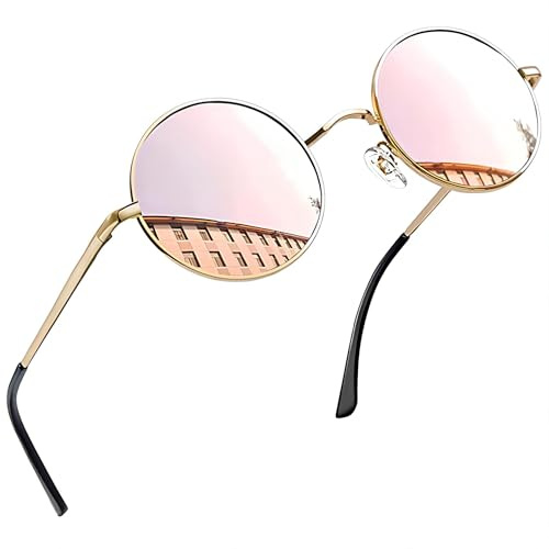 Joopin Lunettes de Soleil Rose Ronde Homme Femme Polarisées Métal Vintage Hippie Steampunk