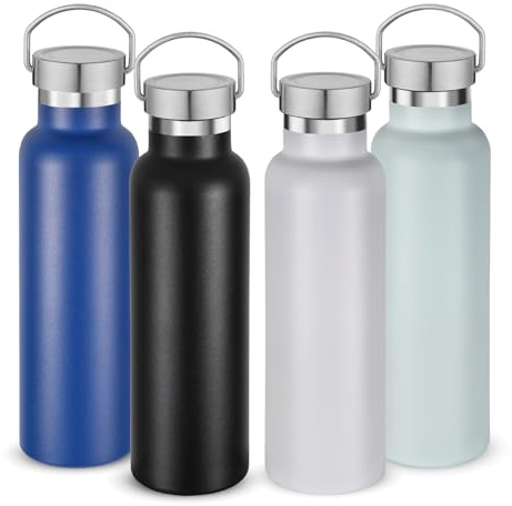 Volhoply 600ml Insulated Water Bottles Bulk Four Pack,Stainless Steel Double Wall Sport Bottle with Lid of Handle,Metal Reusable Flask for School,Cyclists,Hikers,Gift (Mix,Set of 4)