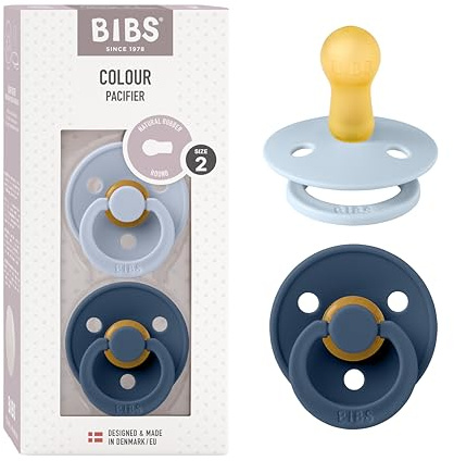 BIBS Colour Soother 2-Pack, BPA Free Dummy Pacifier, Round Nipple. Natural Rubber Latex, Made in Denmark. 6-18 Months (Pack of 2), Dusty Blue/Steel Blue