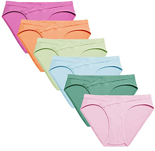 Molasus Cotton Crossover Maternity Underwear Under Bump Pregnancy Bikinis Panties Pack of 6,Multicolor,Medium