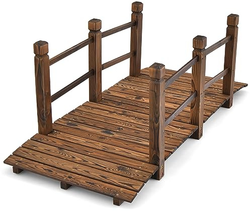 HAPPYGRILL 5FT Wooden Garden Bridge, Decorative Pond Landscaping Bridge with Classic Arc Footbridge & Double Safety Railings, Garden Bridges for Outdoors, Backyard, Garden Farm (Brown)