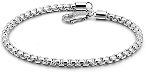 Dankadi Bracelet Maille Vénitienne Fin 3MM 5MM en 925 Argent, Chaîne en Forme Boîte Carrée Ronde Jonc Souple Rolo Fine Design Italien 6.3 à 9 Cadeau Bijoux Sans Nickel pour Homme Femme (8, 3MM)