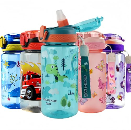MHwan Gourde Enfant, 600 Ml, Robuste, Incassable, Anti Fuite, Sans BPA, Ouverture par Simple Pression, Facile à Nettoyer, avec Paille, Idéale pour l'École et l'Extérieur