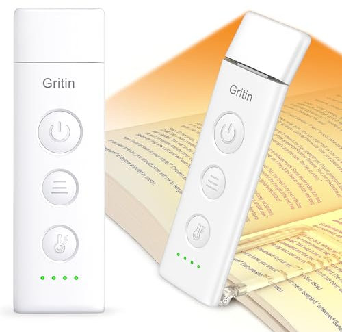 Gritin Book Light Rechargeable, Reading Light Lamp Clip on Books, 3 Eye-Protecting Modes (Mixed/White/Amber), 5 Brightness & Stepless Dimming, Long Battery Life, Flexible Reading Lamp for Readers