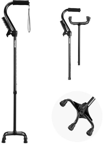 VEVOR Gehstock, 10-stufig (725-955mm) höhenverstellbarer Vierfuß Spazierstock, leichte & tragbare Gehhilfe aus Aluminium, Wanderstock für Senioren, Erwachsene, Männer & Frauen, 113 kg Tragkraft