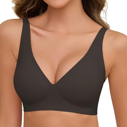Vijamiy Sujetador Sin Aros Mujer Sexy Scollo a V Sujetador Push Up Sin Costuras Comodos Bra Tallas Grandes con Extensor de Sujetador(Negro marrón,M)