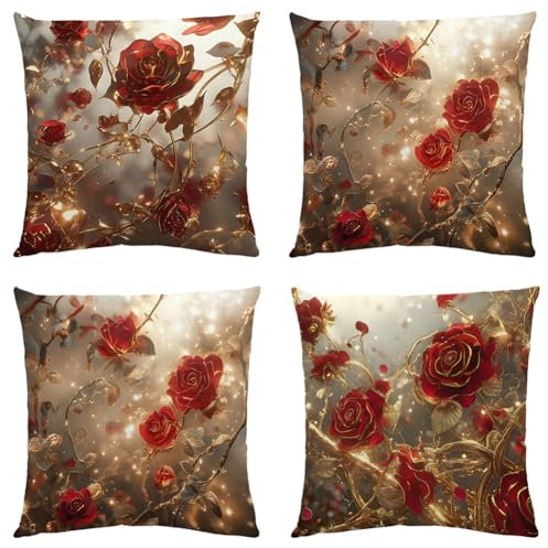 BCKAKQA Rose Cushion Covers 45cm x 45cm Set of 4 Red Gold Floral Throw Pillow Covers 18x18 inches Linen Square Throw Pillow Cases for Living Room Bedroom Sofa Couch Bed Decorative Pillowcases