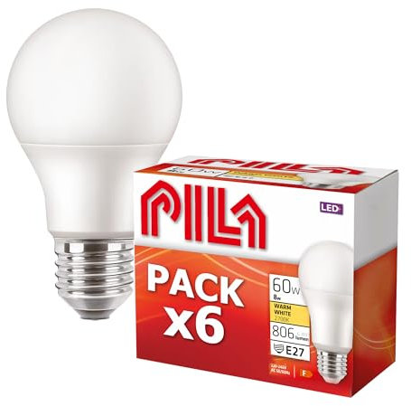 PILA Pack de 6 ampoules LED E27, 8 W (= 60 W), lumière blanche chaude (2700 K), 806 lumens, non dimmables, CRI80, durée de vie de 15 000 h