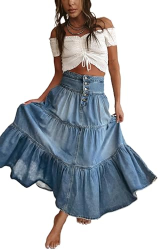SUIUOI Denim A-linje kjol, jeanskjol med tylllager, lång jeanskjol i tyllstil, blå, M