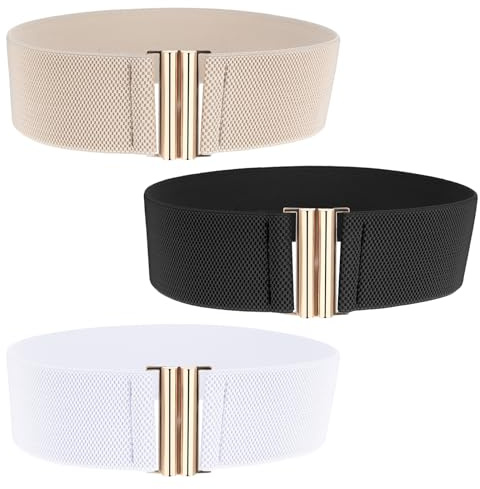 3 stycken brett elastiskt midjebälte för kvinnor, vintage elastiskt midjebälte, brett stretchigt bälte, justerbart bälte för klänningar, jeans, byxor (vit, svart, khaki)