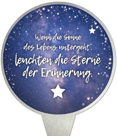 younikat Grabschmuck wetterfest aus Edelstahl 16 cm I Grabdekoration mit Spruch I Grabstecker Rund I Grab Deko - Wenn die Sonne des Lebens untergeht I you0084