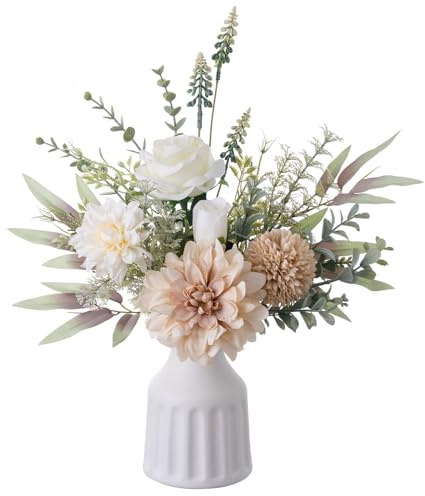 Fake Flowers in Vase, Artificial Flowers with Vase, 15.7'' Floral Arrangements for Dining Table Centerpiece Decor, Silk Roses & Faux Dahlia Bouquet for Farmfouse Kitchen Coffee Table Decor (Brown)