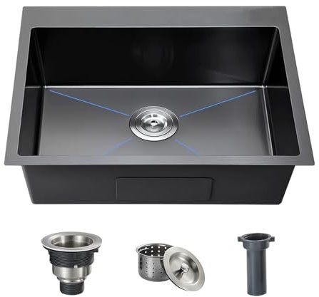 Fregadero de cocina negro, 38 x 30 cm, acero inoxidable, compacto con escurridor y escurreplatos, ideal para cocinas pequeñas, bares o cuartos de servicio (negro, 35 x 50 cm)