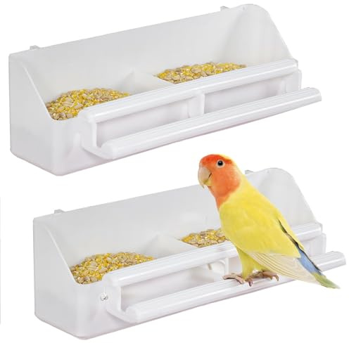 Pawfly 2 pièces Mangeoires pour Cage Suspendues en Plastique avec Crochets, Distributeur d'eau pour Oiseaux avec Perchoirs, Abreuvoir et Bol à Nourriture pour Perruche Calopsitte Canari