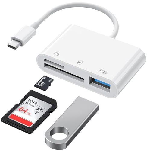 BliTezz USB C SD-kortläsare 3 i 1, USB C SD-kortadapter till TF+USB+SD, USB 3.0 SD-kortläsare vit, Micro SD-kortläsare, adapter för iPhone 17/16/15/Pro, MacBook, Galaxy S20/S21