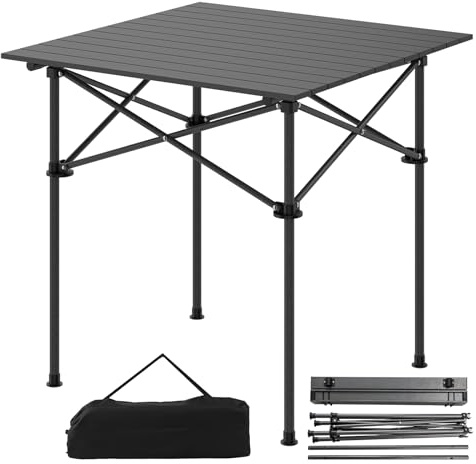 TANGZON Aluminum Folding Camping Table, Portable Picnic Table with Roll Up Tabletop & Carry Bag, Outdoor Dining Table for Garden Beach Hiking BBQ Parties (Square, Black)