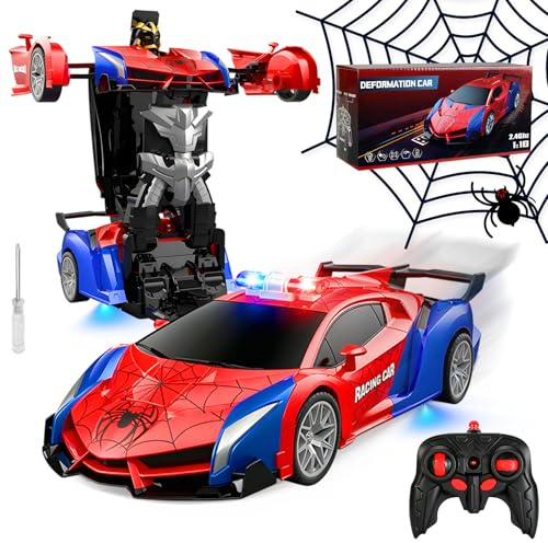 LTFIOON Macchina Telecomandata Spider, 2.4GHz Robot Trasformabile Spider RC Auto con Telecomando, 2 in 1 Macchina Polizia Giocattolo Bambini con Luce Lampeggiante, Auto Robot Trasformabile per Bambini