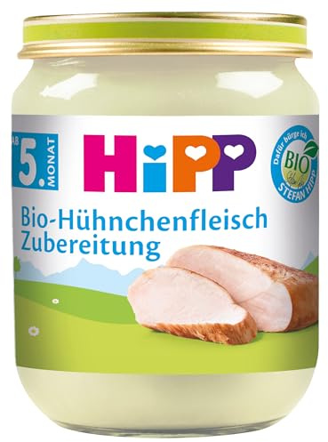 HiPP Bio-Hühnchenfleisch Zubereitung (6 x 125g), Babygläschen ab 5. Monat, ohne Zusatz von Salz, mit wertvollem Rapsöl, glutenfrei