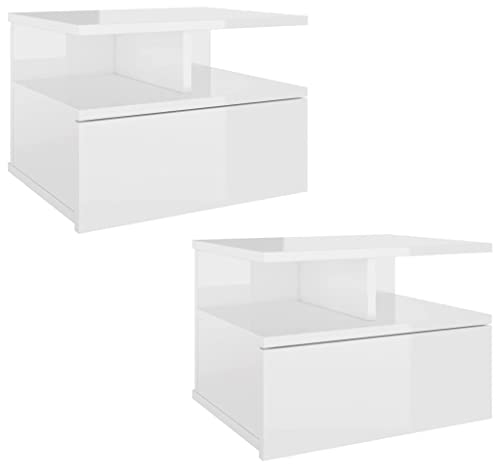 vidaXL 2X Nachttisch Hängend Schublade offene Fächer Nachtkommode Nachtschrank Nachtkonsole Wandboard Wandregal Hochglanz-Weiß 40x31x27cm Holzwerkstoff
