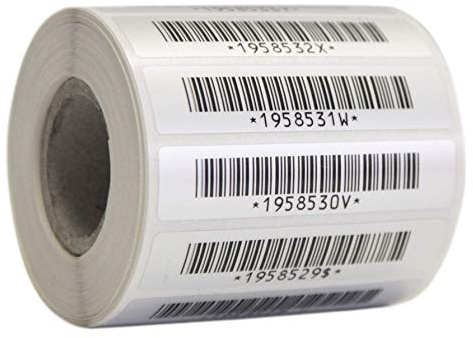 Etiquetas de inventario de poliéster brillante 58 x 19 mm con códigos de barras y numeración progresiva