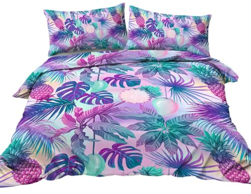 BlessLiving Tropical Watercolor Bedding Neon Hawaiian Mango Pineapple Fruit Design Duvet Cover Set 3 Piece Pastel Pink Turquoise Violet Palm Leaves Bedding (Double)