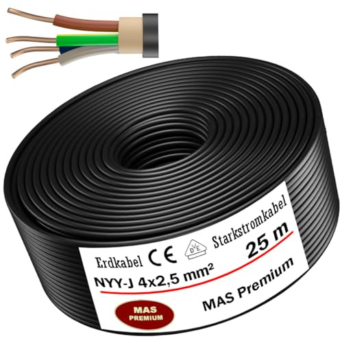 MAS-Premium® NYY-J Cavo elettrico di marca tedesca per la posa in esterni e in terra, matassa cavo di alta tensione standard, prodotto in Germania, 4 x 2,5 mm², 25 m