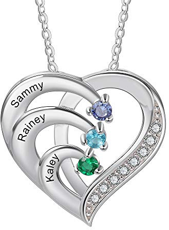 lorajewel Collana da Donna Personalizzata con Nome Pietra di nascita Collana per la Mamma Ciondolo a Cuore in Argento 925 Regalo per Festa della mamma Compleanno Natale (3 Nome)