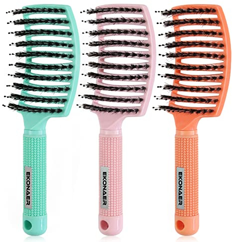 EKONAER 3 Pack Vented Quick Drying Massage Blow Detangler Brush,Boar Bristle Hair Brush Set-Curved,Detangling Hair Brush for Women Long,Thick, Thin, Curly(Green)