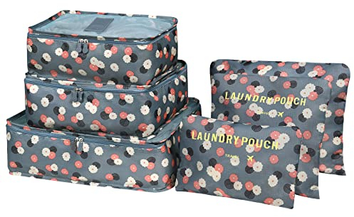 Vicloon Gepäck Organizer, 6-in-1-Set Koffer Organizer Umfassen 3 * Packwürfel und 3*Aufbewahrungsbeutel, Reise Kleidertaschen für Kleidung, Unterwäsche, Kosmetik und Andere Zubehör（Blau Blume)
