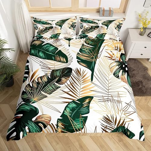 Homemissing Set di biancheria da letto foglie tropicali e verdi dorate, copripiumino per bambini, motivo botanico, copripiumino estivo, 3 pezzi super king