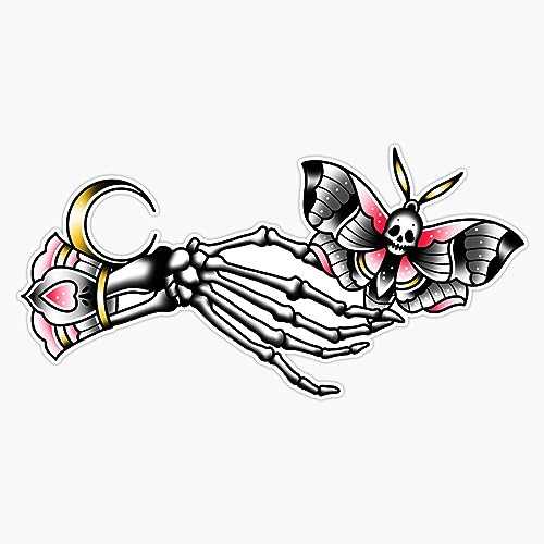 Skull Moth And Skeleton Hand With Moon Vintage Cute Traditional Flash Tattoo Sticker Vinyl Waterproof Sticker Decal Car Laptop Wall Window Bumper Sticker 5