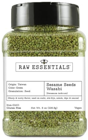 Raw Essentials Wasabi Sesame Seeds – Bold, Nutty Flavor with a Spicy Kick for Sushi, Stir-Fries, Salads, and More –Non-GMO, Vegan, and Gluten Free – 8 Ounce Bottle