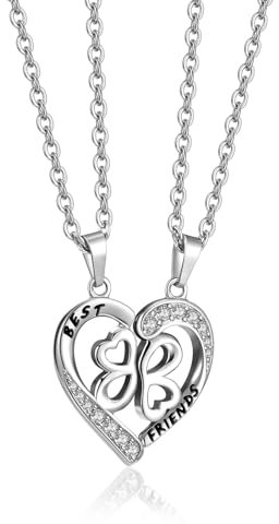 PiercingJak Herz Puzzle Freundschaftsketten für 2 BFF Anhänger mit Gravur Best Friends Strass Edelstahl Liebe Freundschaft Halskette Geschenk für Beste Freunde, Silber