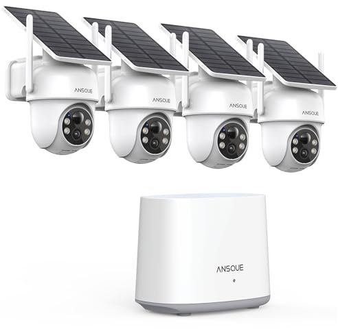 ANSQUE 2K Camera Surveillance WiFi Exterieure sans Fil Solaire à Batterie, Kit 4 Caméras avec Homebase, Zéro Frais, PTZ 360°, Suivi Automatique, Vision Nocturne en Couleur, Alarme Lumineuse Sonore